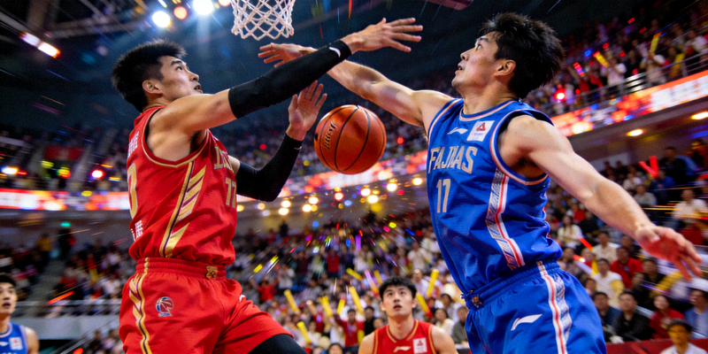 CBA总决赛激烈对抗场面 - 两名球员在空中争抢篮板球